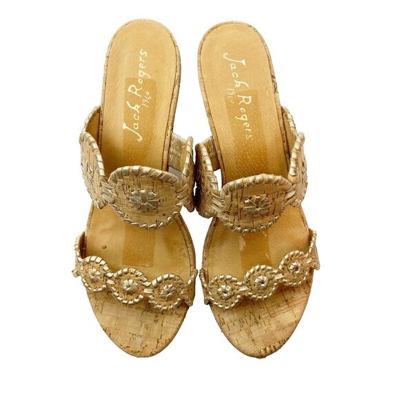 Jack Rogers Wedge Heels Women's 10 Tan Cork Sandals Gold Metallic Open Toe Slide - Picture 4 of 7